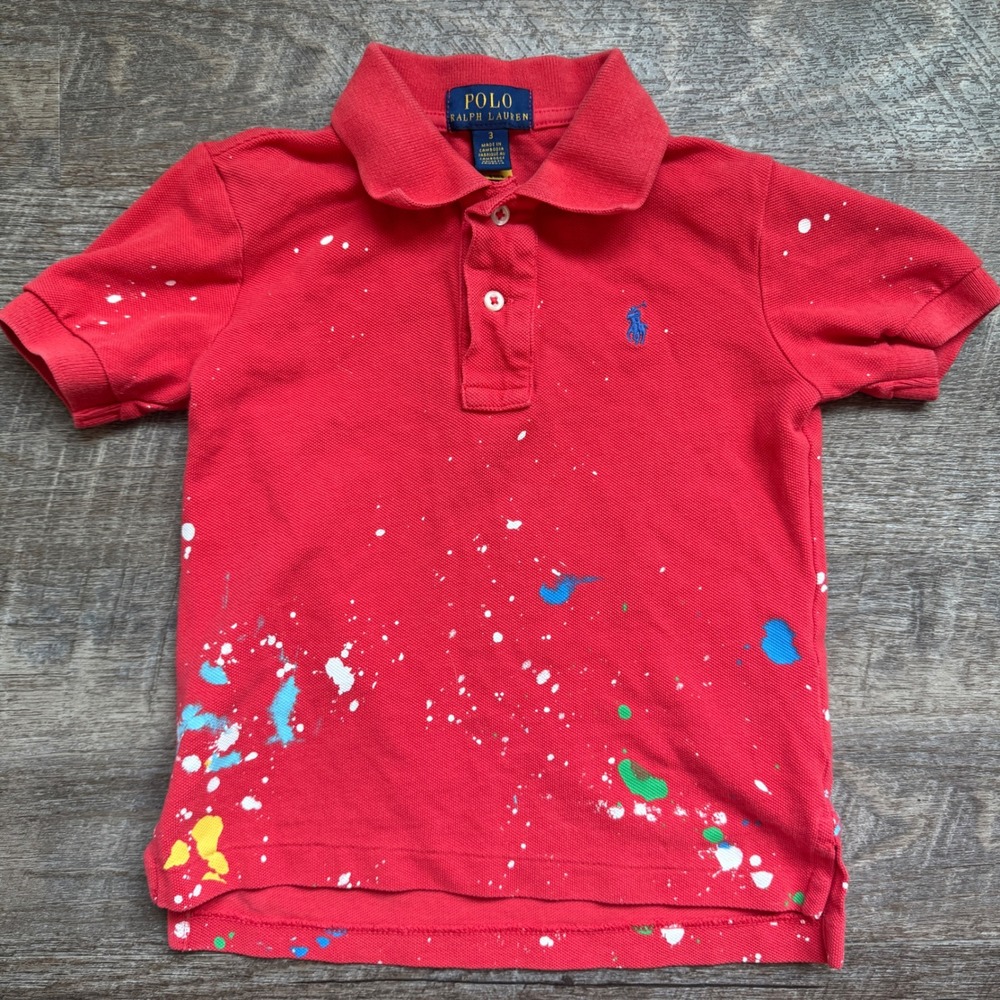 Polo‎ Ralph Lauren Paint Splatter Polo Shirt Size 3 Regular Red Cotton Graphic